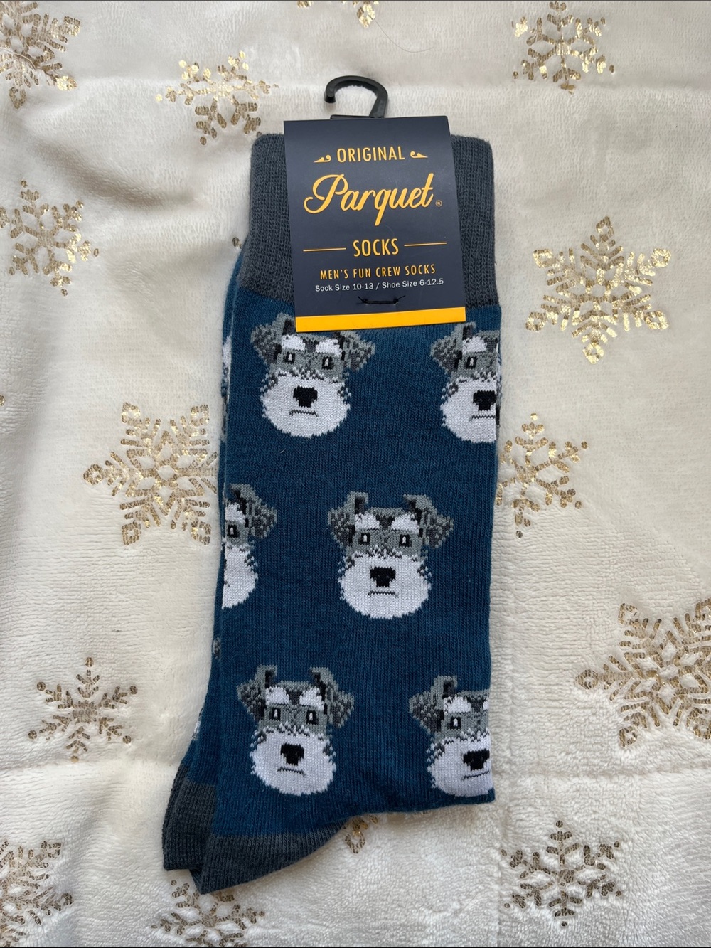 Men's Fun Crew Socks - Blue with Gray Dog Pattern